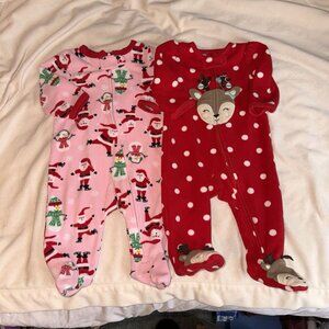 Lot of 2 Carters 3M Baby Girl Pajamas Christmas One Piece Fleece Zip Up Sleepers